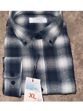 Primark Men's Navy and White Plaid Button-Down Shirt